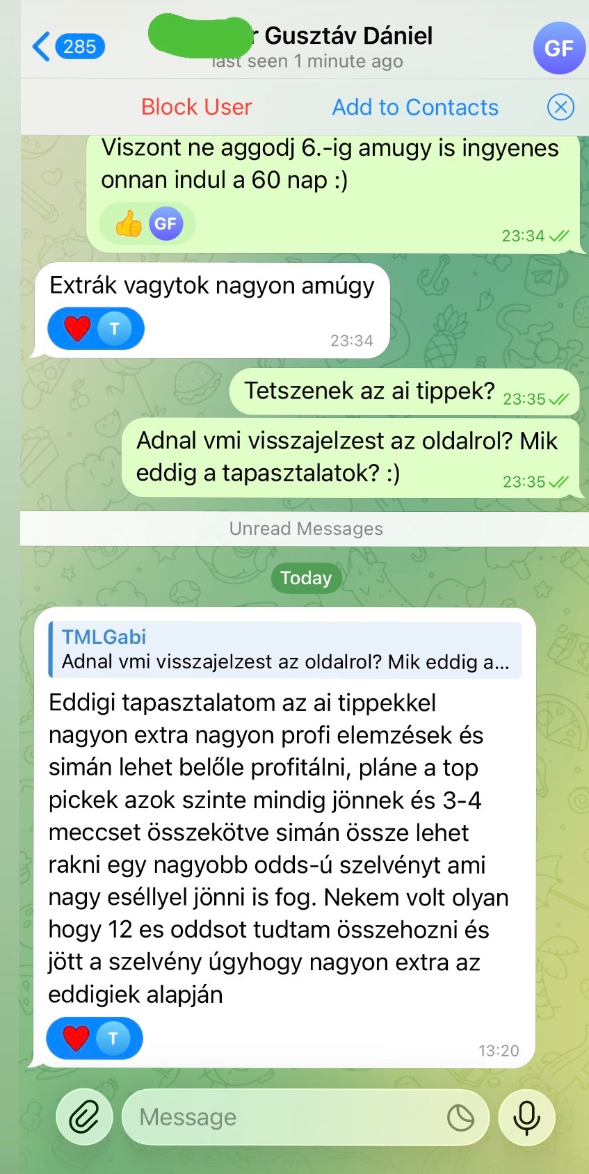 Telegram visszajelzés